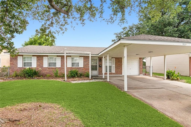 ranch-style house featuring a garage and a front yard