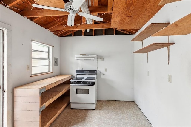 kitchen featuring white electric range, electric panel, and ceiling fan