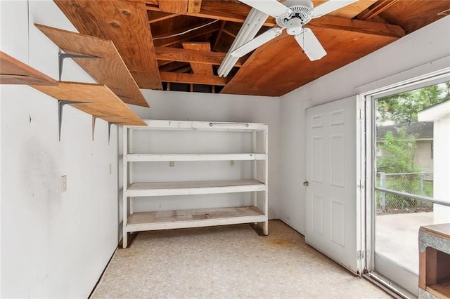 storage room with ceiling fan