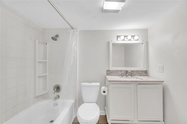 full bathroom featuring vanity, shower / bathtub combination with curtain, and toilet