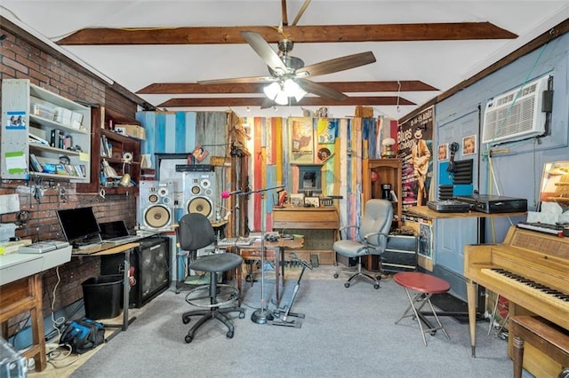 carpeted home office featuring beamed ceiling, ceiling fan, and a wall unit AC