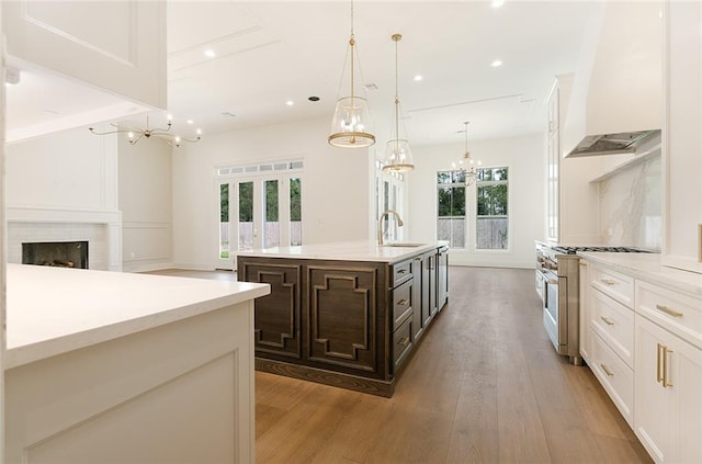 kitchen featuring plenty of natural light, dark brown cabinetry, pendant lighting, and high end stainless steel range oven