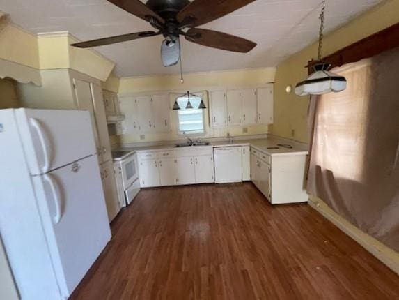 kitchen featuring white cabinets, dark hardwood / wood-style flooring, white appliances, and ceiling fan