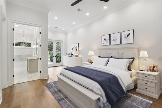 bedroom featuring access to outside, ceiling fan, crown molding, tile flooring, and french doors