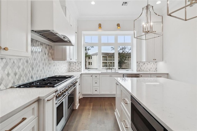 kitchen with appliances with stainless steel finishes, premium range hood, hardwood / wood-style floors, backsplash, and sink