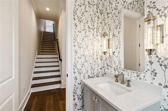 bathroom with wood-type flooring and vanity