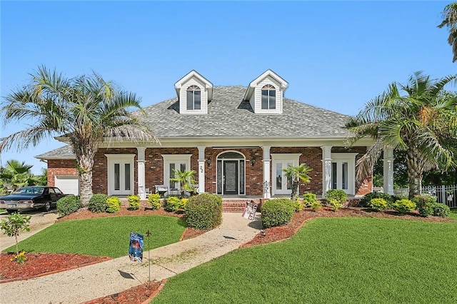 view of front of property with covered porch, a garage, and a front lawn