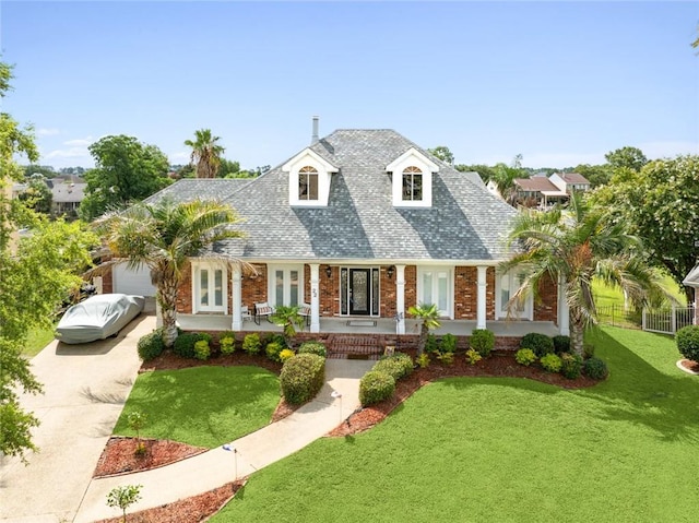 cape cod house with a porch, a front yard, and french doors