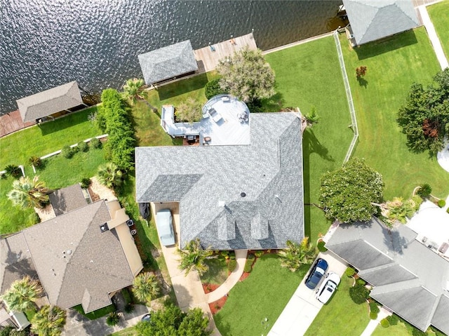 aerial view featuring a water view