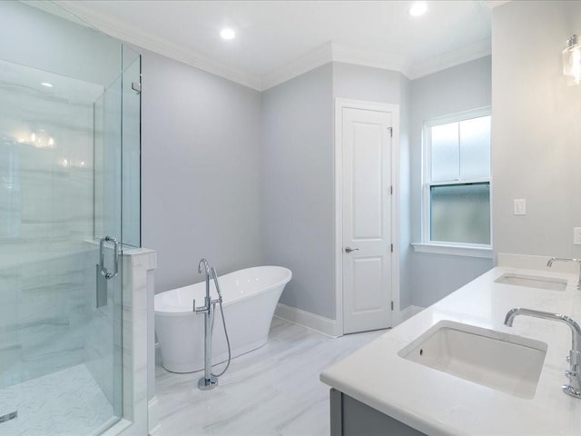 bathroom with vanity, separate shower and tub, and crown molding