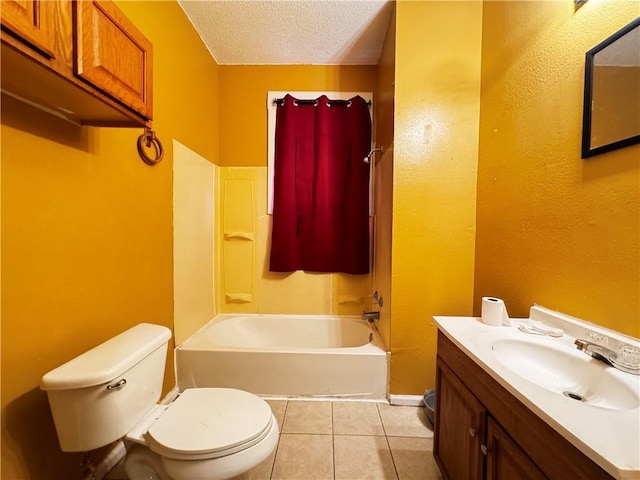 full bathroom with tile patterned floors,  shower combination, a textured ceiling, toilet, and vanity