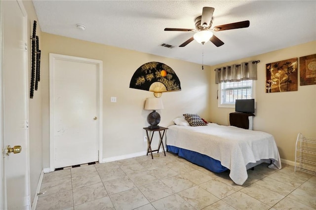 bedroom featuring a textured ceiling and ceiling fan