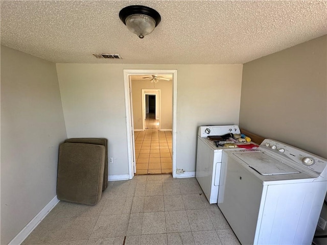 laundry room with ceiling fan, washer and clothes dryer, and a textured ceiling