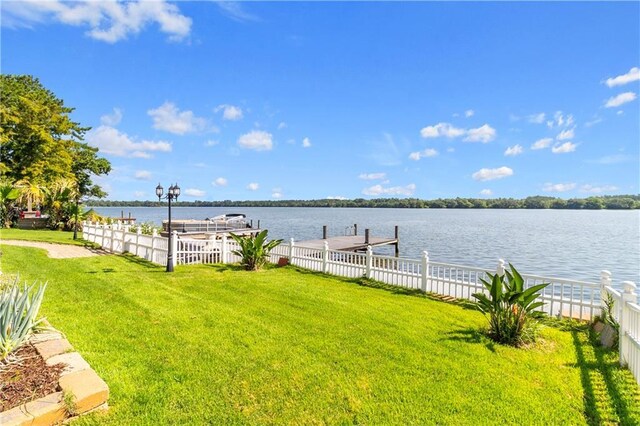 exterior space with a water view and a yard