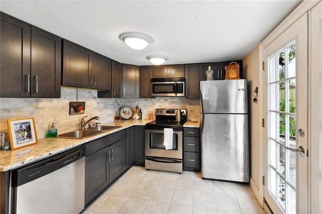 kitchen featuring tasteful backsplash, appliances with stainless steel finishes, sink, and dark brown cabinetry