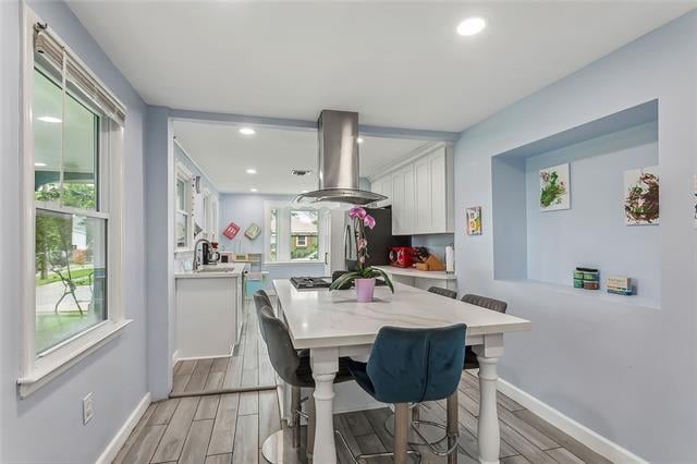 dining area featuring light hardwood / wood-style floors and sink