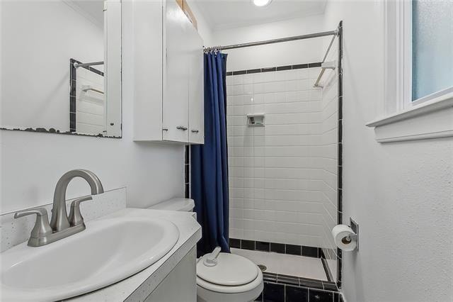 bathroom with a shower with curtain, vanity, and toilet