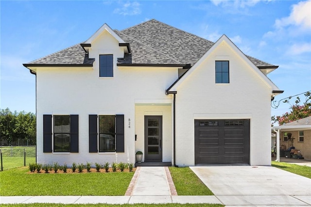 view of front facade with a front yard and a garage