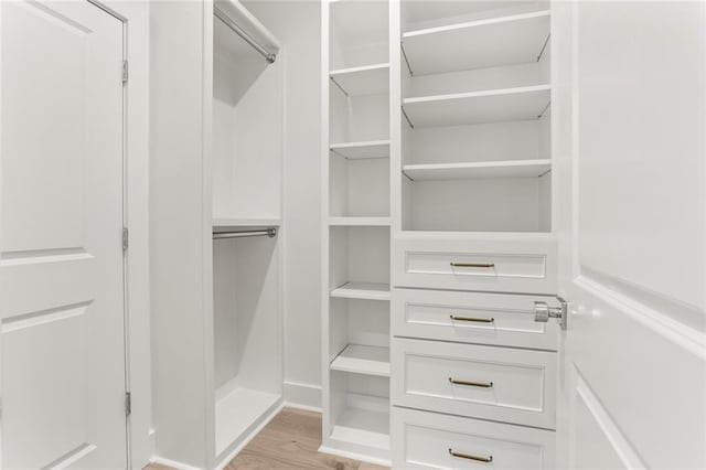 walk in closet with light wood-type flooring