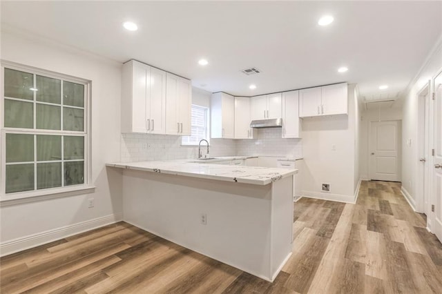 kitchen with white cabinetry, kitchen peninsula, and sink