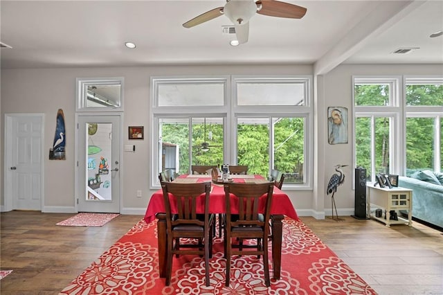 31753 River Pines Dr, Springfield, LA 70462 - dining space with baseboards, a ceiling fan, visible vents, and wood-type flooring