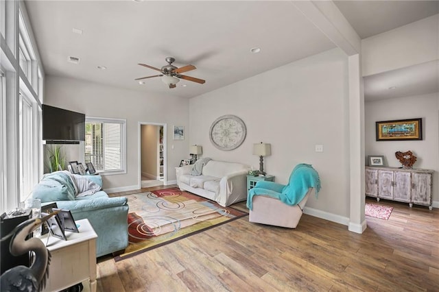 living room featuring ceiling fan and wood-type flooring