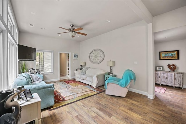 31753 River Pines Dr, Springfield, LA 70462 - living area with baseboards, visible vents, recessed lighting, a ceiling fan, and wood finished floors