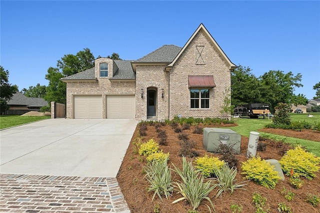 french country style house with a garage