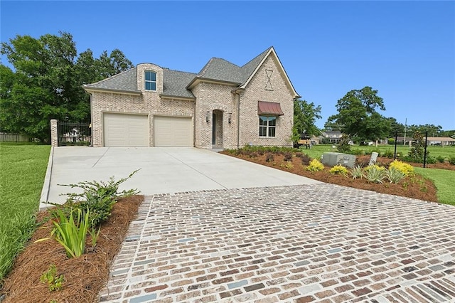 french country home with a front yard and a garage