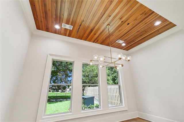 unfurnished dining area with a wealth of natural light, a chandelier, and wooden ceiling