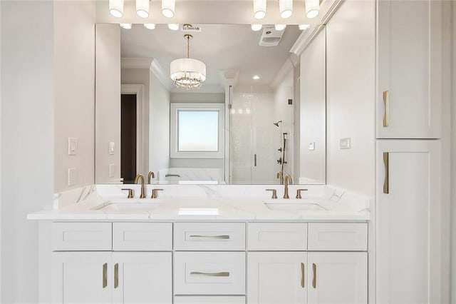 bathroom featuring vanity, crown molding, walk in shower, and a chandelier