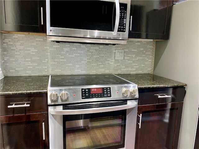 kitchen featuring appliances with stainless steel finishes, dark stone countertops, backsplash, and dark brown cabinetry