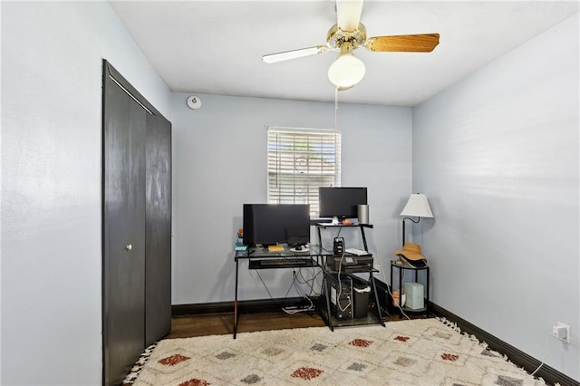 office area featuring ceiling fan and wood-type flooring