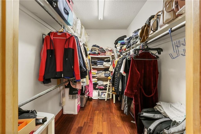 walk in closet with dark wood-style floors