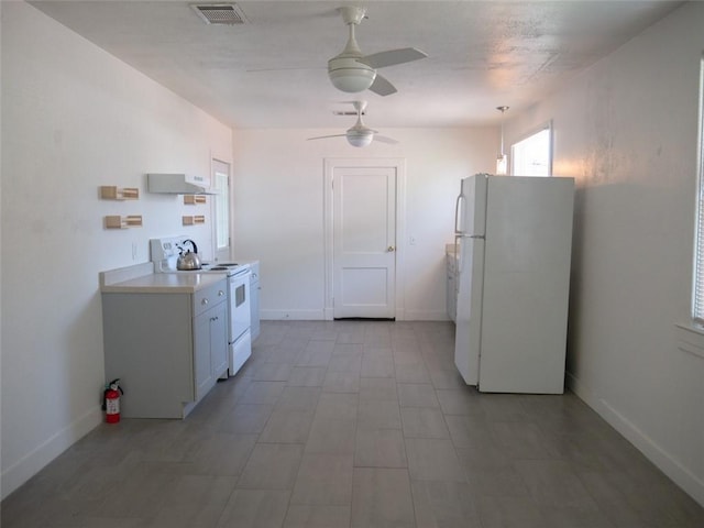 kitchen featuring white cabinets, white appliances, ceiling fan, and range hood