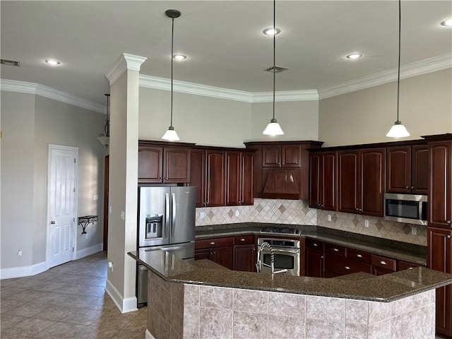 kitchen featuring light tile patterned flooring, custom exhaust hood, tasteful backsplash, hanging light fixtures, and appliances with stainless steel finishes