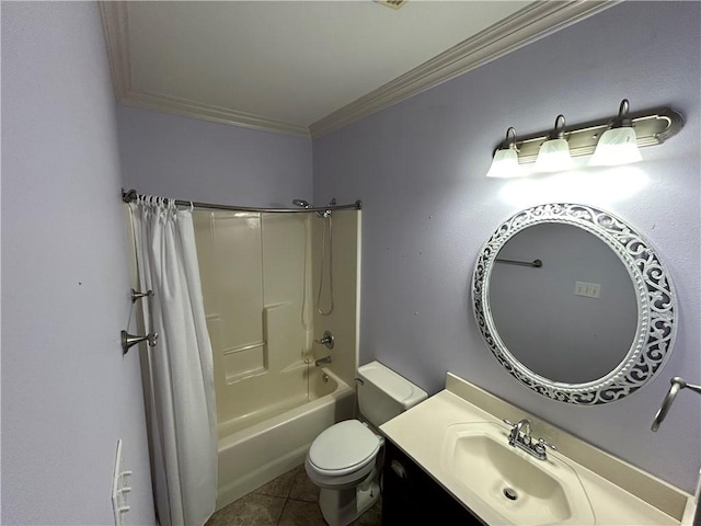 full bathroom featuring toilet, vanity, shower / bath combo with shower curtain, tile patterned floors, and ornamental molding