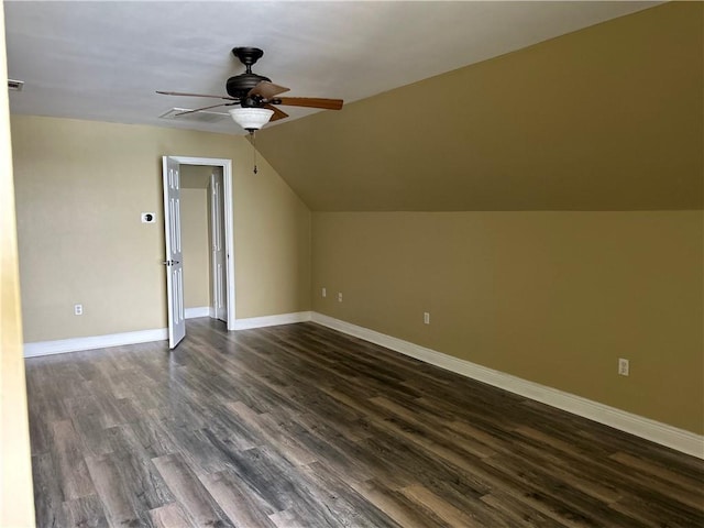 bonus room featuring ceiling fan, wood-type flooring, and vaulted ceiling