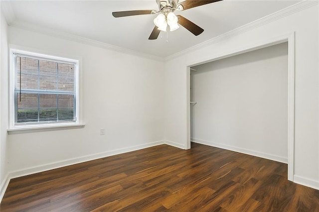 unfurnished bedroom featuring a closet, dark hardwood / wood-style floors, ceiling fan, and ornamental molding