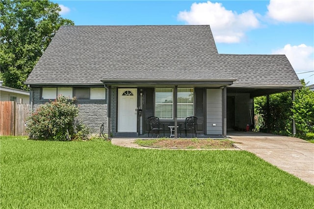 view of front of home with a carport, concrete driveway, a front yard, and roof with shingles