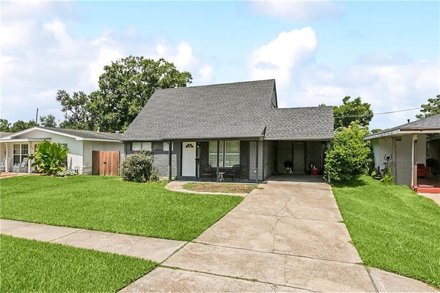 view of front facade with driveway, fence, a front lawn, and roof with shingles