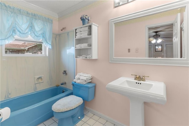 full bathroom featuring tile patterned flooring, crown molding, shower / washtub combination, toilet, and ceiling fan