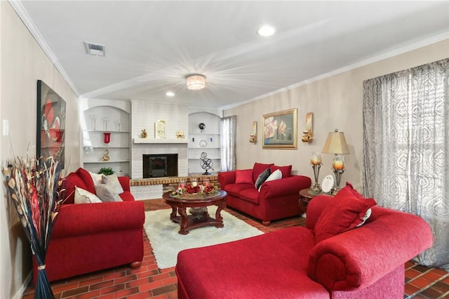 living room with a fireplace, built in features, and ornamental molding