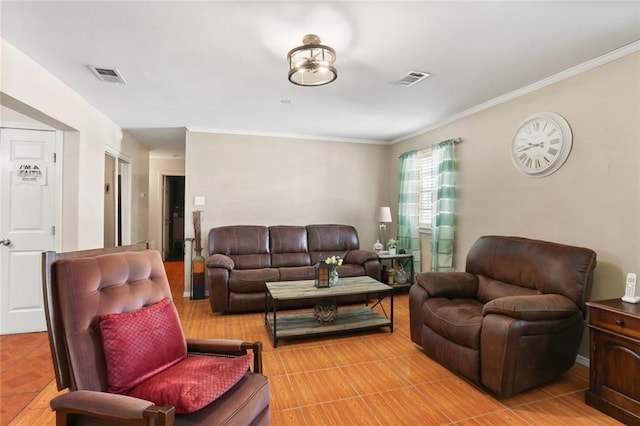 tiled living room featuring crown molding