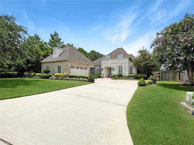 french country inspired facade featuring a garage and a front lawn