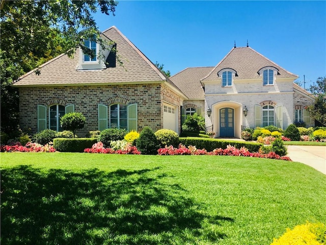 french country home with a front yard, french doors, and a garage