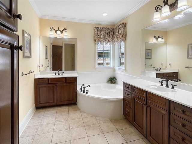 bathroom featuring tile patterned flooring, vanity, and ornamental molding