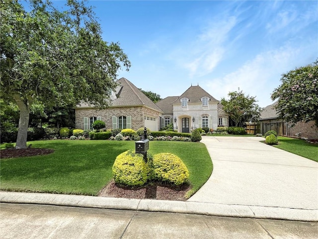 view of front of house featuring a front lawn and a garage