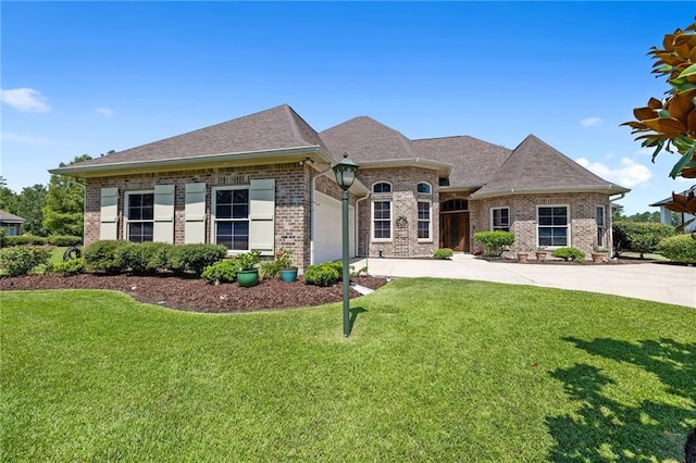 view of front of house featuring a front lawn and a garage