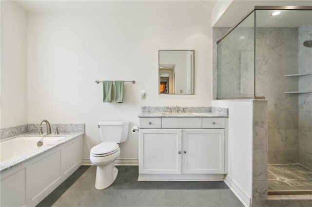 full bathroom with toilet, vanity, and separate shower and tub